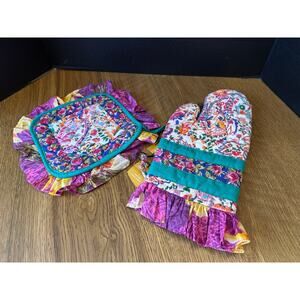 NWT Pier 1 Imports Floral Ruffle Pot Holder and Oven Mitt Gift Set Purple/Teal